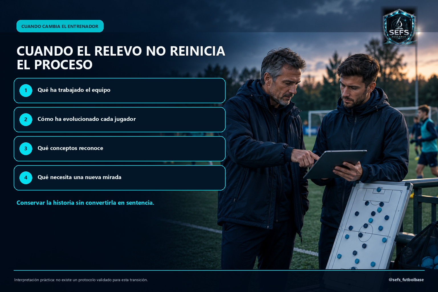 Cuando el relevo no reinicia el proceso: qué ha trabajado el equipo, cómo ha evolucionado cada jugador, qué conceptos reconoce y qué necesita una nueva mirada