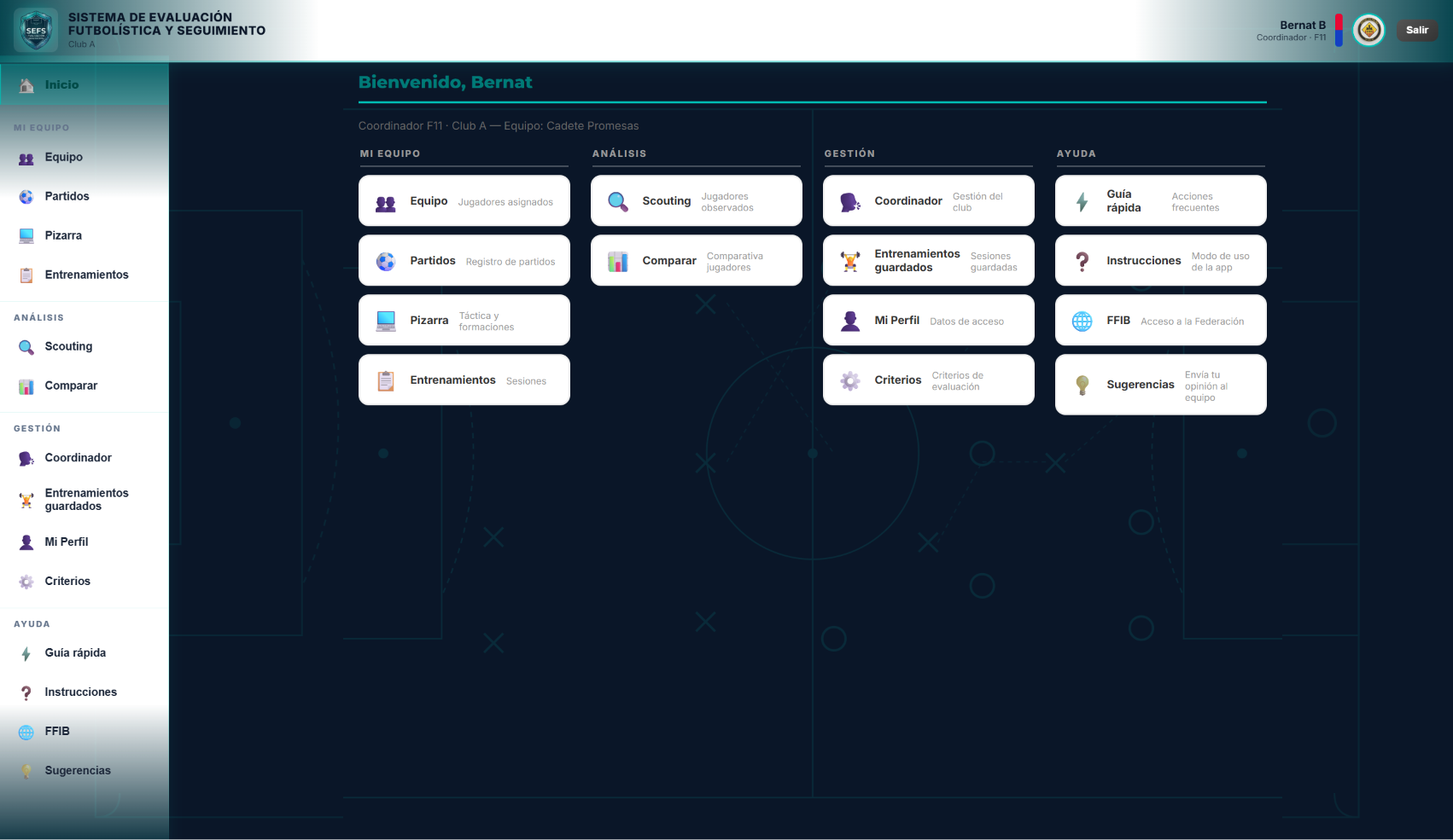 Panel de inicio de SEFS, app de gestión para entrenadores de fútbol base