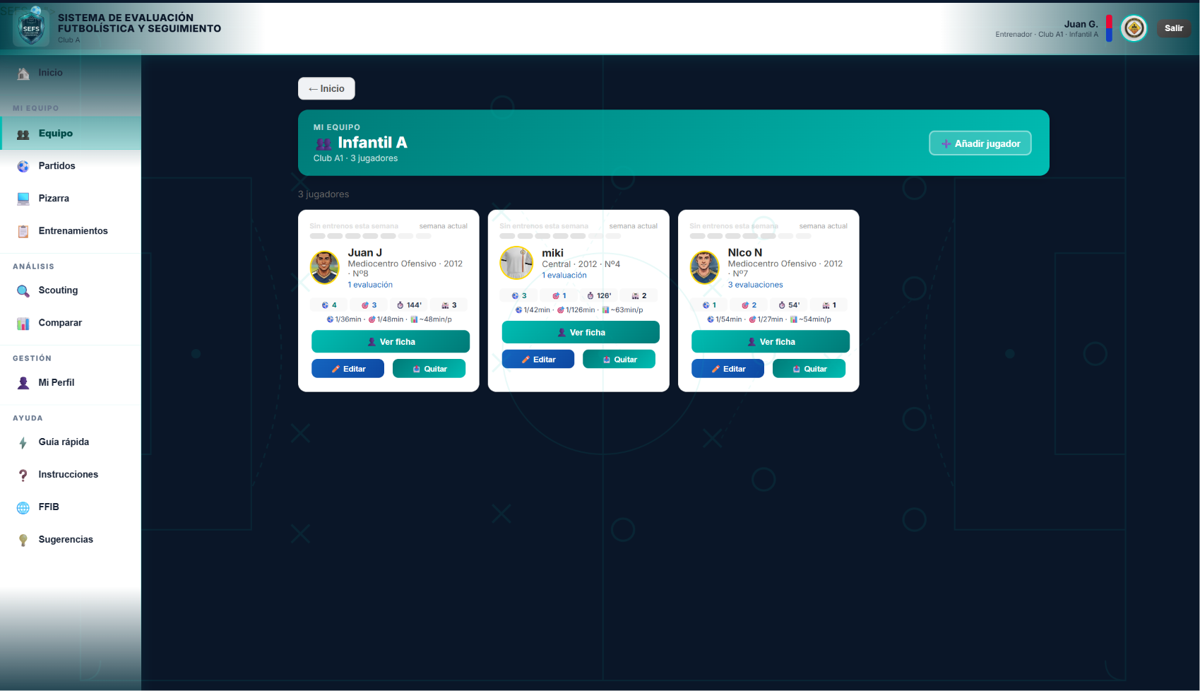 Pantalla de gestión de equipo en la app SEFS para entrenadores de fútbol base